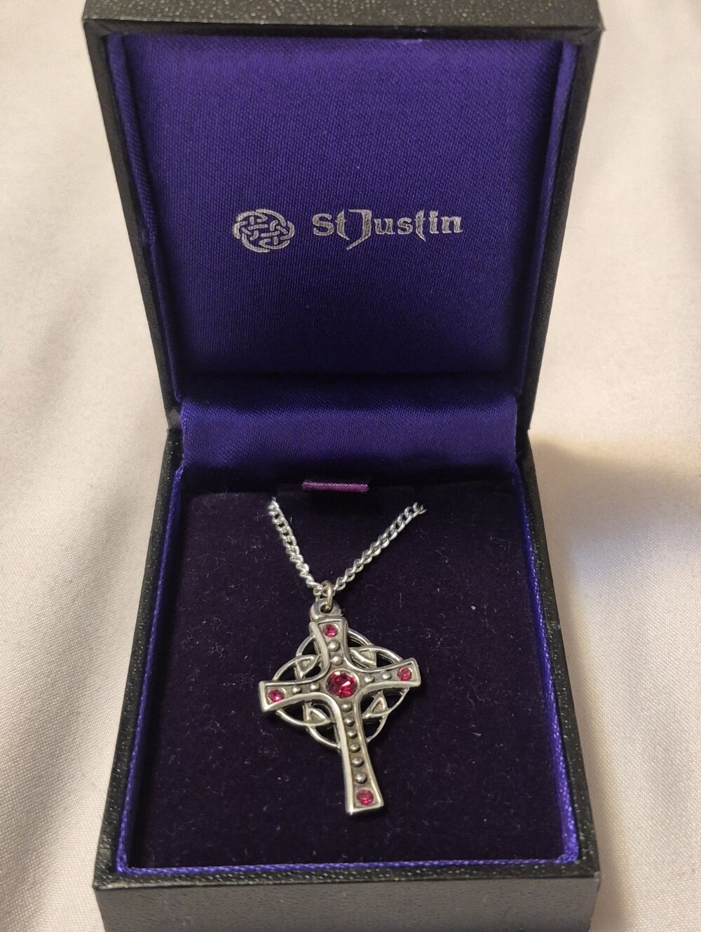 St Justin Celtic Cross Necklace Red Crystal Pewter Pendant Cornwall England